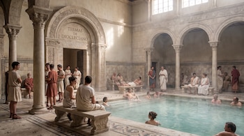 Una piscina con agua al vapor rodeada de columnas de piedra, arcos, piso de mosaico y personas vestidas con túnicas.