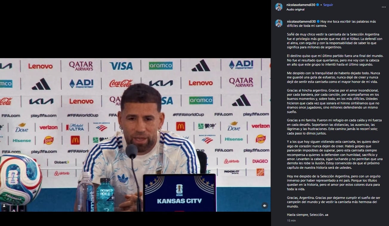 El mensaje de Otamendi para despedirse de la selección argentina