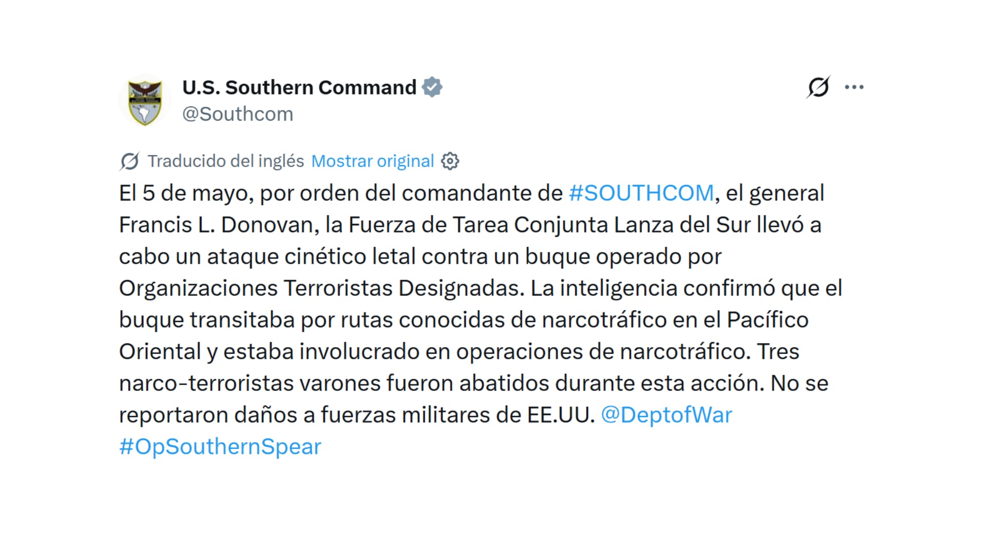 El mensaje del Comando Sur de EEUU vía X (@SOUTHCOM)