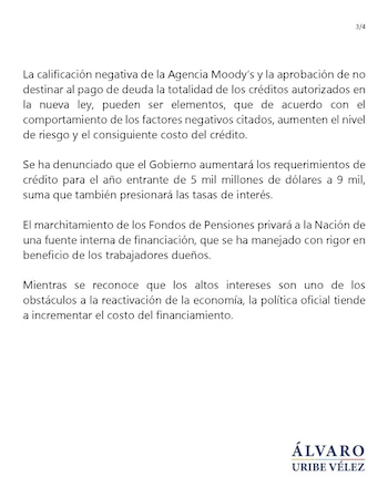 Uribe criticó que el Gobierno nacional incremente su cupo de endeudamiento - crédito red social X