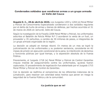Condenaron a militares por vender armas en Jamundí - crédito Justicia Militar