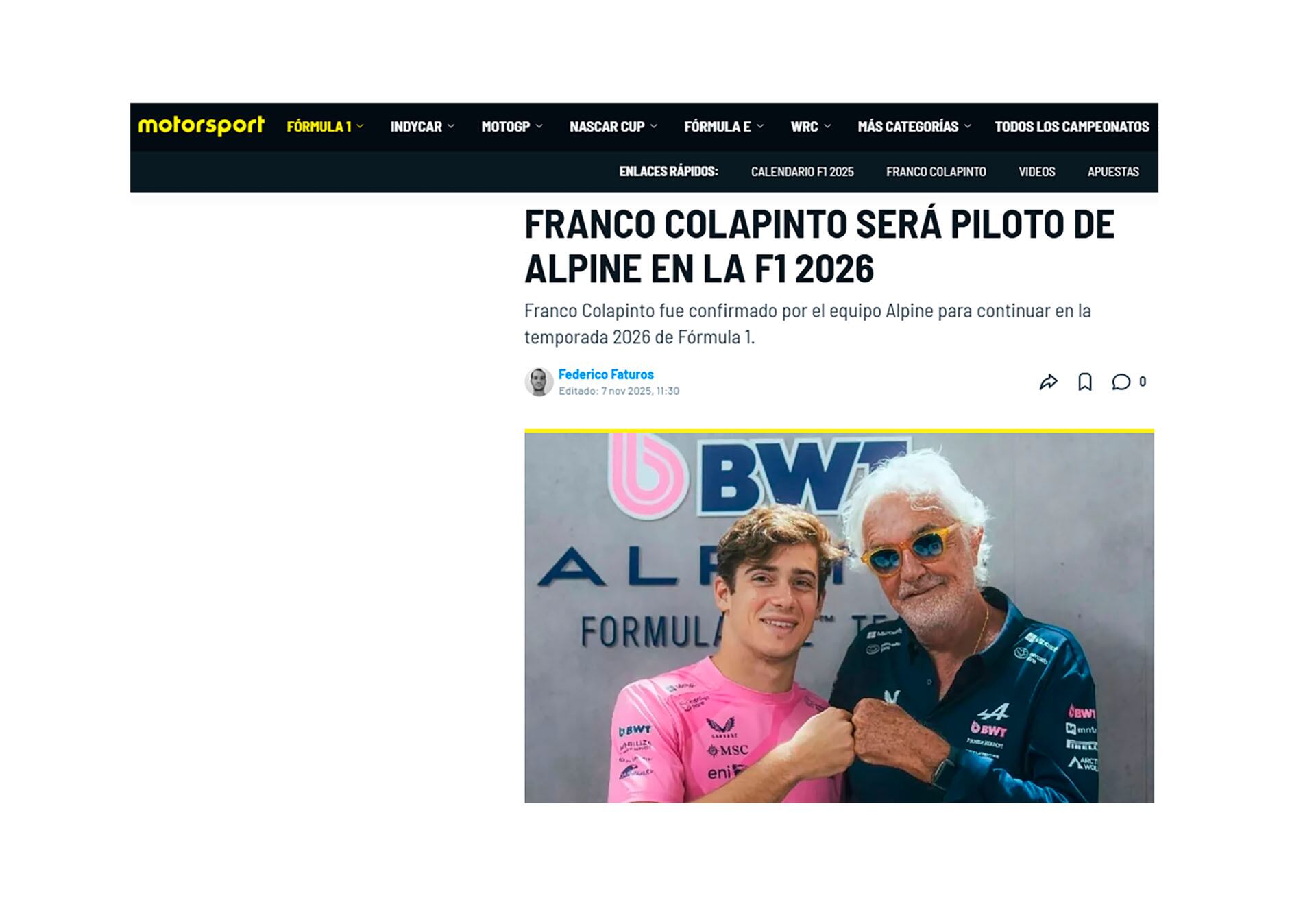 Motorsport elogió el trabajo fundamental de Colapinto en Alpine