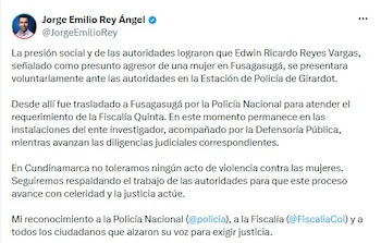 El gobernador de Cundinamarca, Jorge Emilio Rey, confirmó la mañana del 22 de julio de 2026 que un hombre4 señalado como presunto agresor de una mujer en Fusagasugá, se entregó tras la difusión de un video de cámaras de seguridad - crédito @JorgeEmilioRey/X