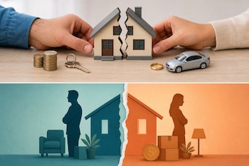 Dos manos dividen una maqueta de casa junto a monedas, una llave y un automóvil, sobre una ilustración de dos personas dándose la espalda.