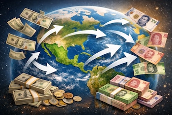 Un globo terráqueo centrado en México, con flechas blancas que simulan el comercio. Billetes de dólar estadounidense y pesos mexicanos flotando y en pilas.