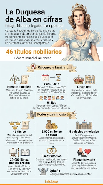 Infografía vertical ilustrada sobre la Duquesa de Alba, con su retrato, títulos nobiliarios, linaje real, fortuna y residencias, organizada en bloques con iconos.