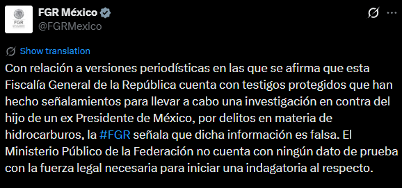 FGR niega la existencia de una investigación por huachicol en contra de “Andy” López Beltrán. Captura de pantalla.