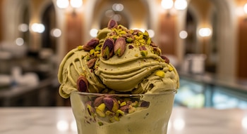 Gelato de pistacho verde oliva en copa de cristal. Pistachos enteros y troceados sobre el gelato. Fondo difuminado de una heladería artesanal.