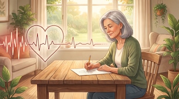 Mujer adulta dibuja con un lápiz sobre papel en una mesa de madera. Un corazón con línea de pulso acompaña la escena en una habitación con plantas.
