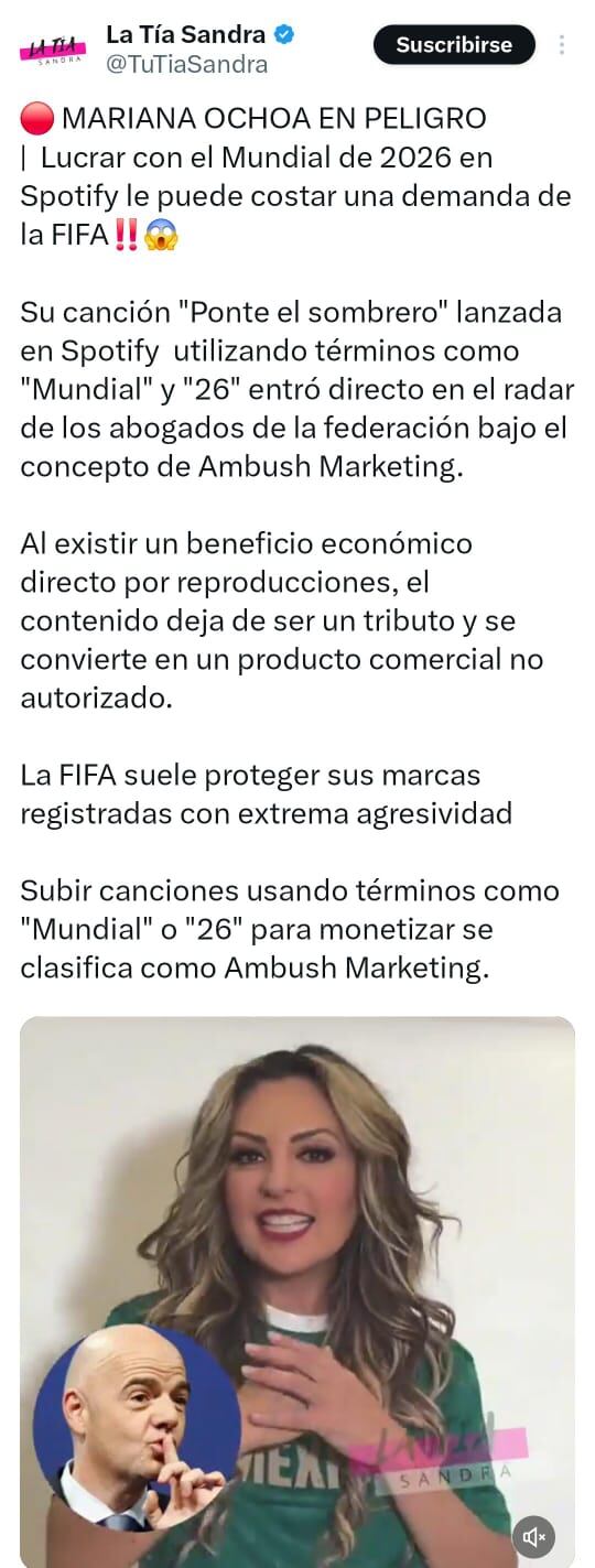 La cantante Mariana Ochoa enfrenta una posible demanda de la FIFA por lucrar con el Mundial de 2026 a través de su canción, lo que se considera marketing de emboscada. (X)