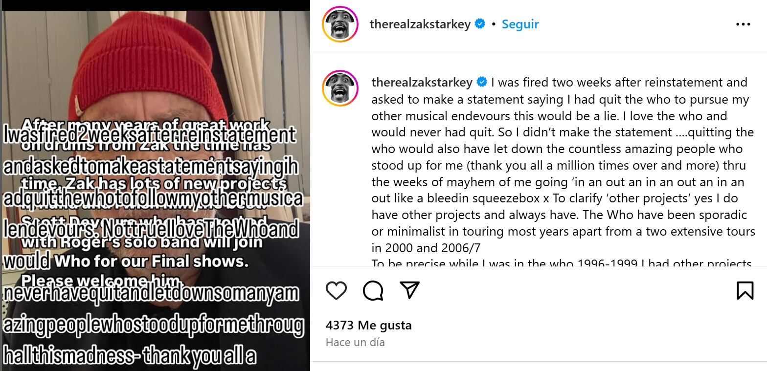 Starkey desmintió en Instagram las declaraciones de su ex compañero Pete Townshend, argumentando que él no quiso salirse de la banda. (Créditos: Instagram / therealzakstarkey)