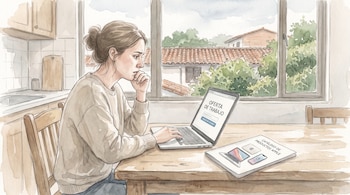 Acuarela de una mujer sentada junto a una ventana observando una computadora con una oferta de trabajo y un catálogo.