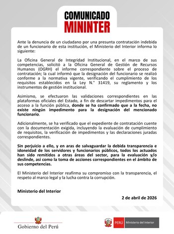 Un comunicado oficial del Ministerio del Interior del Perú sobre un fondo azul claro, con el título rojo y blanco "COMUNICADO MININTER" en la parte superior