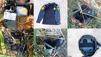 Seis fotografías reunidas que presentan un documento de identidad, una camisa policial, guantes, un chaleco, una bota y un casco táctico