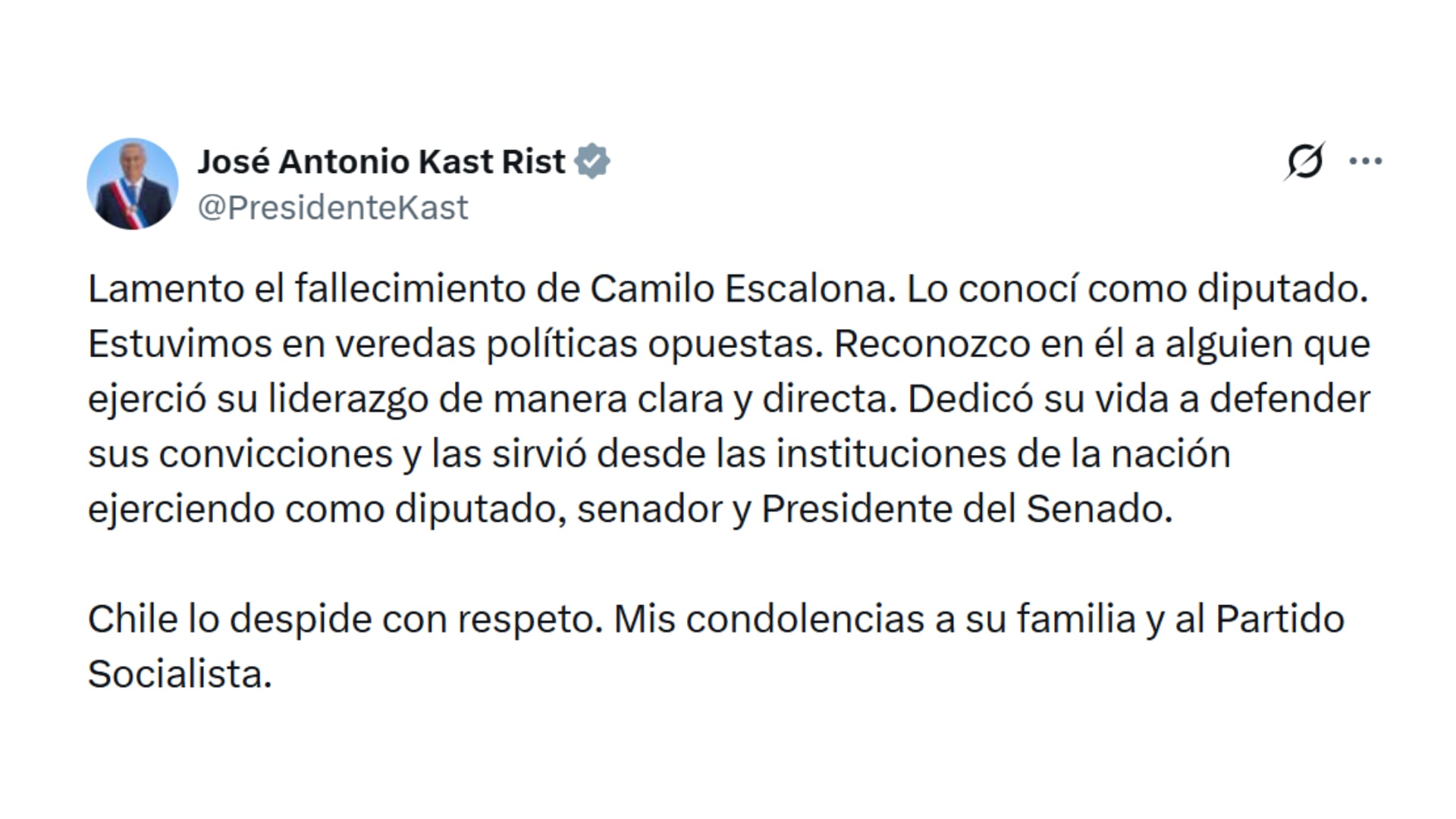 El mensaje de José Antonio Kast por la muerte de Camilo Escalona (@PresidenteKast)