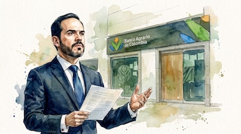 Hombre de traje y corbata gesticula y sostiene un documento. Detrás, fachada de Banco Agrario de Colombia con logo visible, en acuarela.