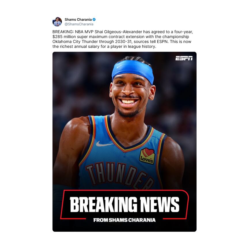 El posteo del periodista Shams Charania con el anuncio del salario que cobrará Shai Gilgeous-Alexander
