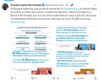 La alcaldesa destacó el trabajo desarrollado por los especialistas de la salud mental en Bogotá - crédito @ClaudiaLopez/X