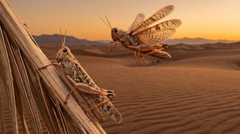 Una langosta posada en una rama seca y otra volando con las alas desplegadas sobre un desierto con dunas al atardecer.