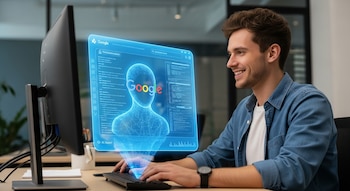 Un hombre sonriente de perfil derecho sentado frente a un monitor de computadora, interactuando con una proyección holográfica azul de un agente de IA de Google que emerge del teclado.