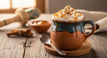 Taza de barro con atole de cajeta, crema batida y sirope de cajeta, sobre posavasos de madera. Incluye canela en rama, un cuenco de cajeta y un molinillo.