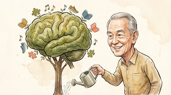 Un hombre mayor riega un árbol con forma de cerebro rodeado de libros, notas musicales, piezas de rompecabezas y calzado.