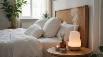 Vista de un dormitorio con cama de sábanas blancas, cabecera de corcho, y una mesa de noche con difusor de aromas encendido, vela y planta.
