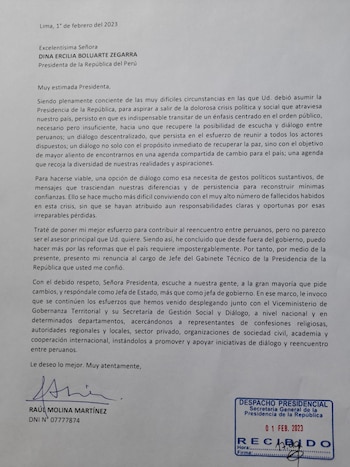 Carta de renuncia de Raúl