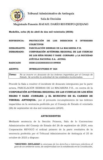 Las autoridades locales evidenciaron un proceso permanente de vigilancia ambiental, por lo que el tribunal concluyó que la actuación fue diligente e instó a sostener la verificación periódica de los resultados - crédito Tribunal administrativo de Antioquia