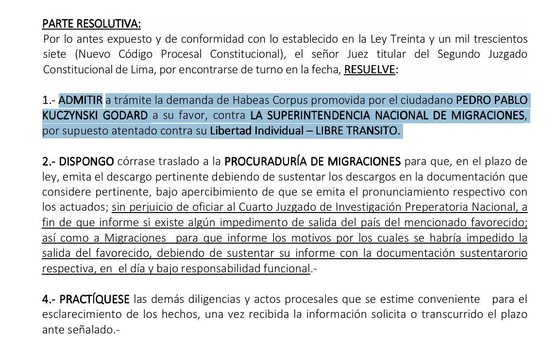 PJ admite habeas corpus de PPK contra Migraciones.