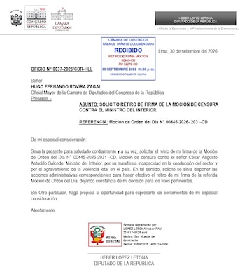 Documento oficial de la Cámara de Diputados de Perú que incluye sello de trámite y firma digital del diputado Heber López Letona