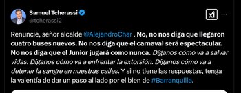 El empresario ha mostrado su postura de oposición contra el alcalde de Barranquilla - crédito red social X