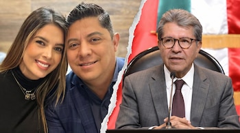 Composición de dos fotos divididas: a la izquierda, Samuel García y Mariana Rodríguez sonríen; a la derecha, Ricardo Monreal con gafas y traje frente a la bandera mexicana.