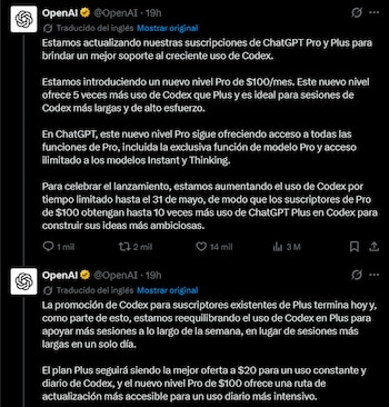 OpenAI anuncia un nuevo plan, el cual costará 100 dólares.
