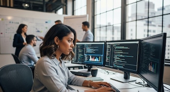 Una mujer latina joven vista de perfil, sentada en un escritorio, tecleando en un teclado y mirando fijamente dos monitores con código y gráficos. Colegas al fondo.