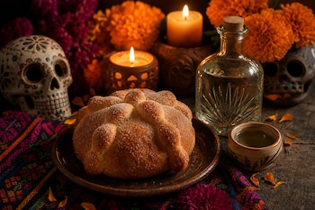 Pan de muerto en un plato, botella de vidrio, vaso pequeño, velas encendidas, calaveras decorativas y flores de cempasúchil en una mesa.