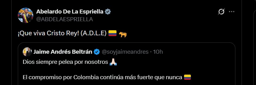 Abelardo de la Espriella compartió la publicación de Beltrán y escribió: “¡Que viva Cristo Rey!” - crédito @ABDELAESPRIELLA/X