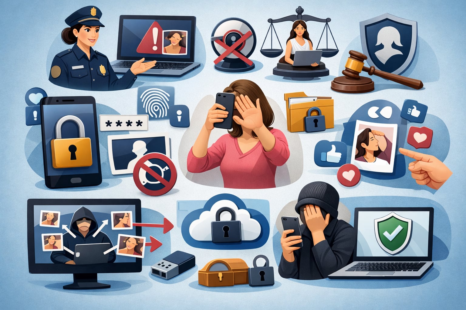 Una serie de iconos y personajes detalla las medidas de seguridad en internet y la prevención de la difusión de fotos íntimas, con el respaldo legal y policial. (Imagen Ilustrativa Infobae)