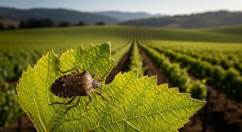 Un insecto pardo con patas oscuras está sobre una hoja de vid verde con gotas de agua, y al fondo se ven hileras de viñedos y montañas.