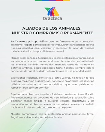 Logo de TV Azteca, título 'Aliados de los animales: Nuestro compromiso permanente', y un comunicado de prensa en varios párrafos