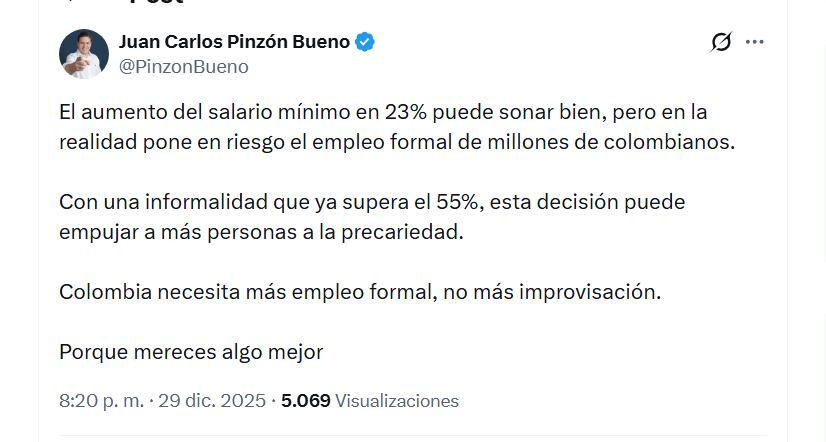 Juan Carlos Pinzón señaló que el aumento del salario mínimo puede poner en riesgo el empleo formal - crédito @PinzonBueno/X