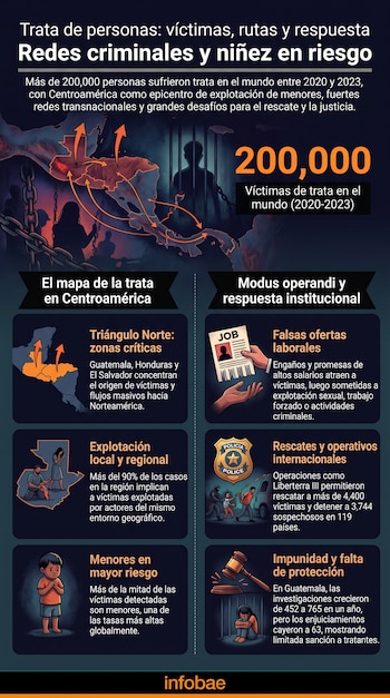 Infografía: Trata de personas. Incluye mapa de Centroamérica con rutas, siluetas de personas, cadenas, cifra 200 mil. Paneles con iconos de mapa, niños, ofertas de empleo, policía, mazo.
