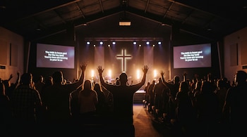 Siluetas de personas con las manos levantadas en un auditorio oscuro, frente a un escenario con una cruz luminosa y pantallas que proyectan letras.