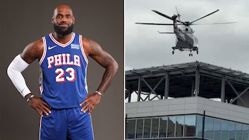 Retrato del jugador LeBron James a la izquierda y un helicóptero volando sobre un helipuerto urbano a la derecha