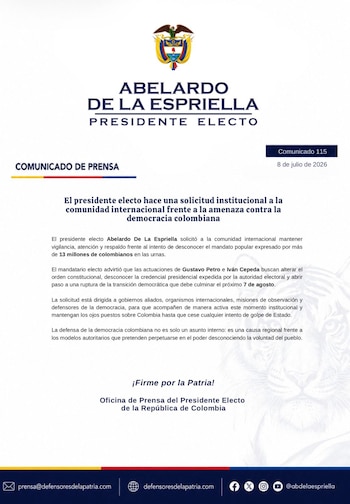 El presidente electo señaló que el voto de los colombianos se respeta y la transición legítima debe culminar el 7 de agosto de 2026 - crédito Prensa Abelardo de la Espriella