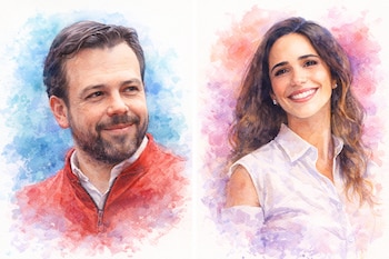 Retratos en acuarela de Carlos Fernando Galán, alcalde de Bogotá, y la congresista María Fernanda Carrascal ilustran su presencia pública - crédito