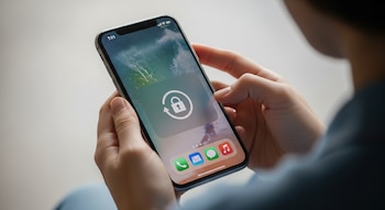 Primer plano de las manos de una persona sosteniendo un iPhone. La pantalla muestra un ícono de candado dentro de una flecha circular sobre un fondo borroso.