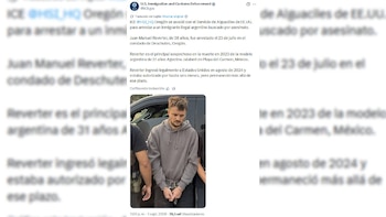 Captura de pantalla de una publicación en redes sociales con texto informativo y la fotografía de un hombre esposado con sudadera gris