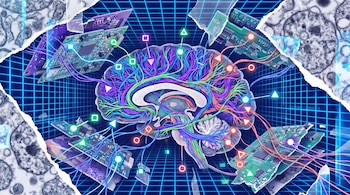Collage digital vibrante: cerebro de mosca con filamentos neuronales coloridos, conectado a circuitos impresos y nodos digitales sobre una cuadrícula azul con microscopía.