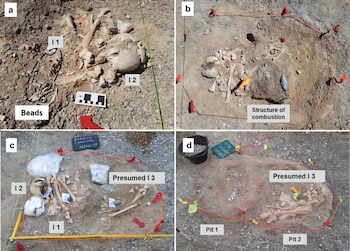 a) First season: initial excavation. b) Combustion structure. c) Second season: general view of Individuals 1, 2, and the presumed Individual 3. d) Third season: view of the two burial pits.